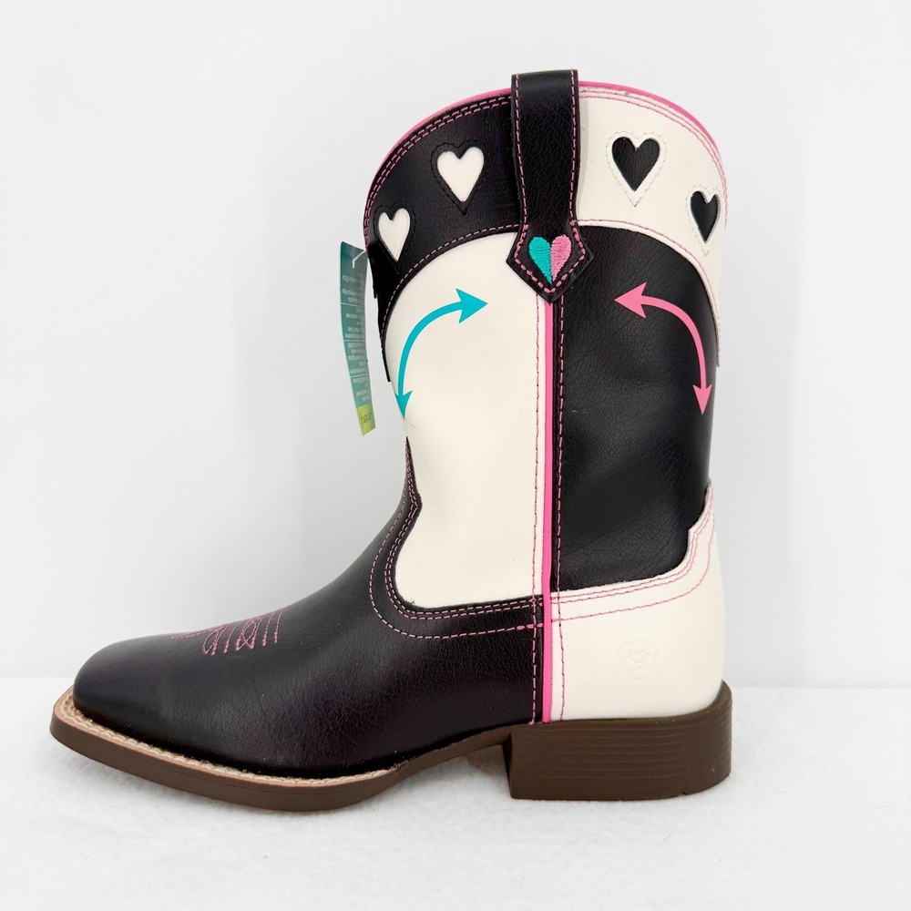Ariat Girls Round Up Hearts Cowgirls Western Boots Black White Leather Sz 3 NWOB